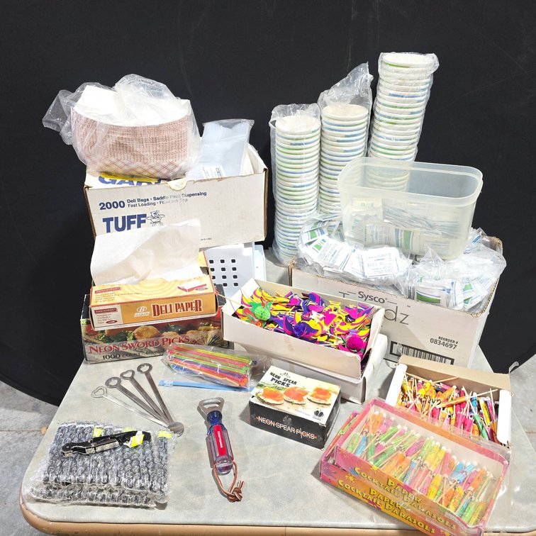 Party Favors Lot With Drink Umbrellas, Neon Sword Picks, Tough Gard Deli Bags, Deli Paper, Moist Towelettes, Portion Cups