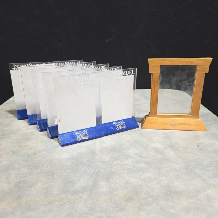 10 Samuel Adams Boston Lager Acrylic Sign Holders and 1 Blue Moon Brewing Co. Wood Sign Holder