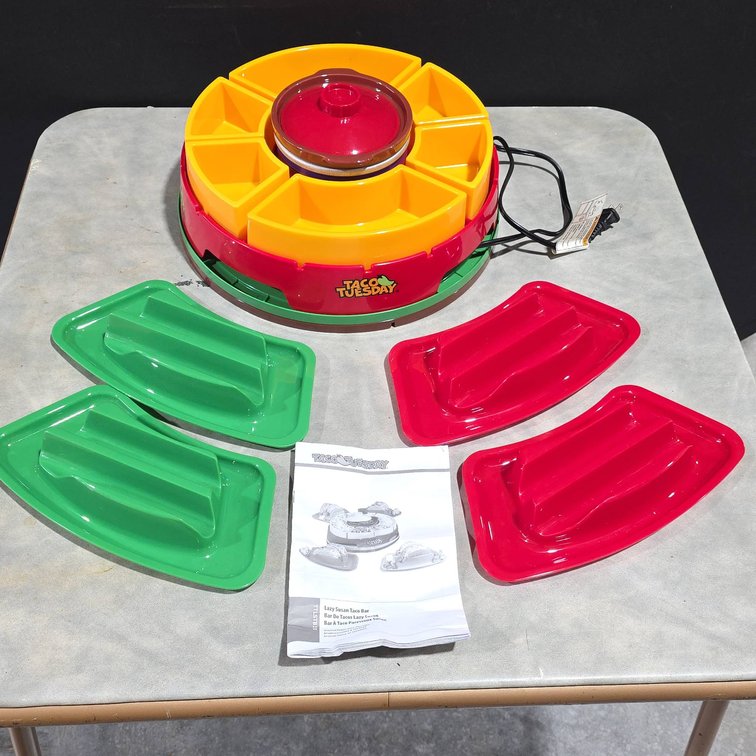 Taco Tuesday Lazy Susan Taco Bar with Heated Dip Center and Taco Trays for Building Tacos