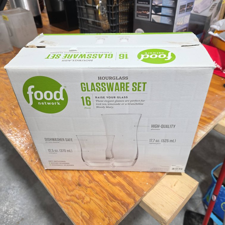 Food Network Hourglass 16 Piece Dishwasher Safe Glassware Set with Rocks and Highball Glasses