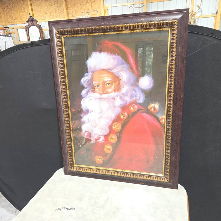 Framed Wall Hanging Santa Portrait With Bells, 34 x 26 Inches