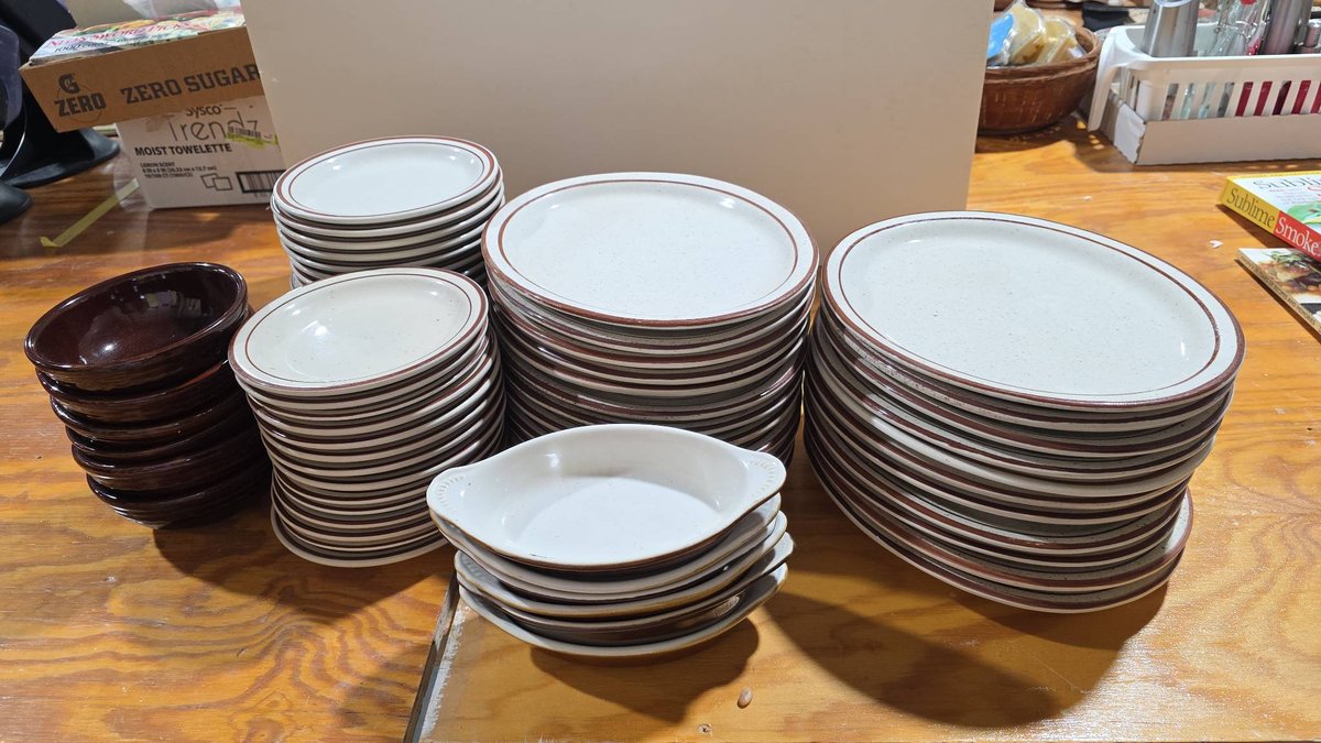 Ventura China and Sysco Ware Brown and White Restaurant Ware Assorted Plates, Platters, and Bowls, 60+ Pieces