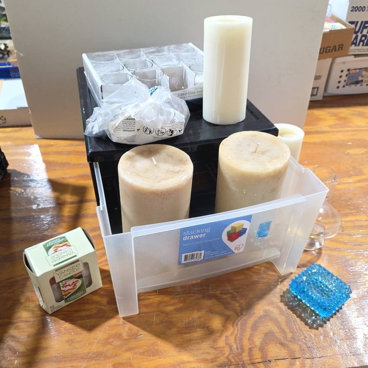 Candle Lot With Yankee Candle Tea Lights, Pillar Candles, Glass Oil Lantern, Stackable Drawer
