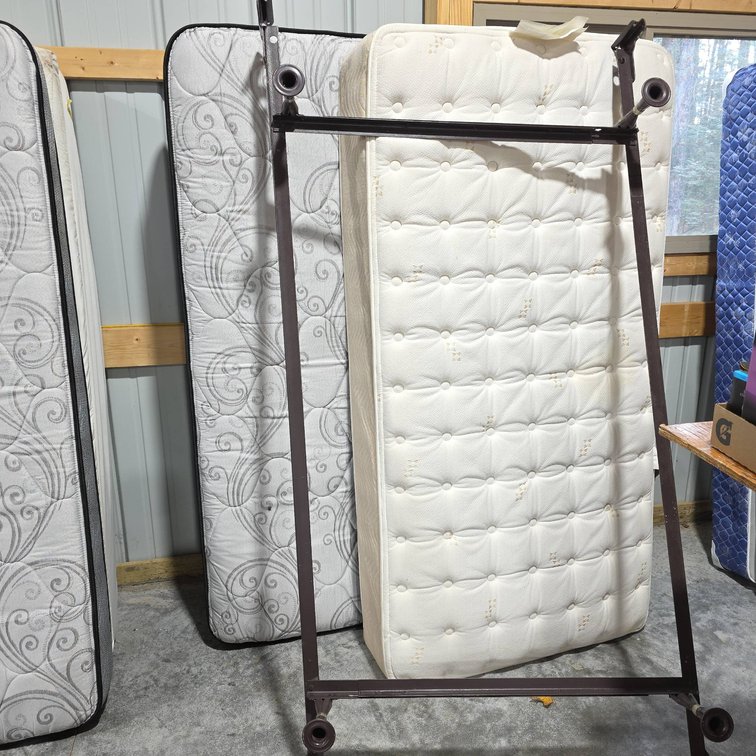Two Twin Mattresses and One Twin Bed Frame, Simmons and Spring Air Brands