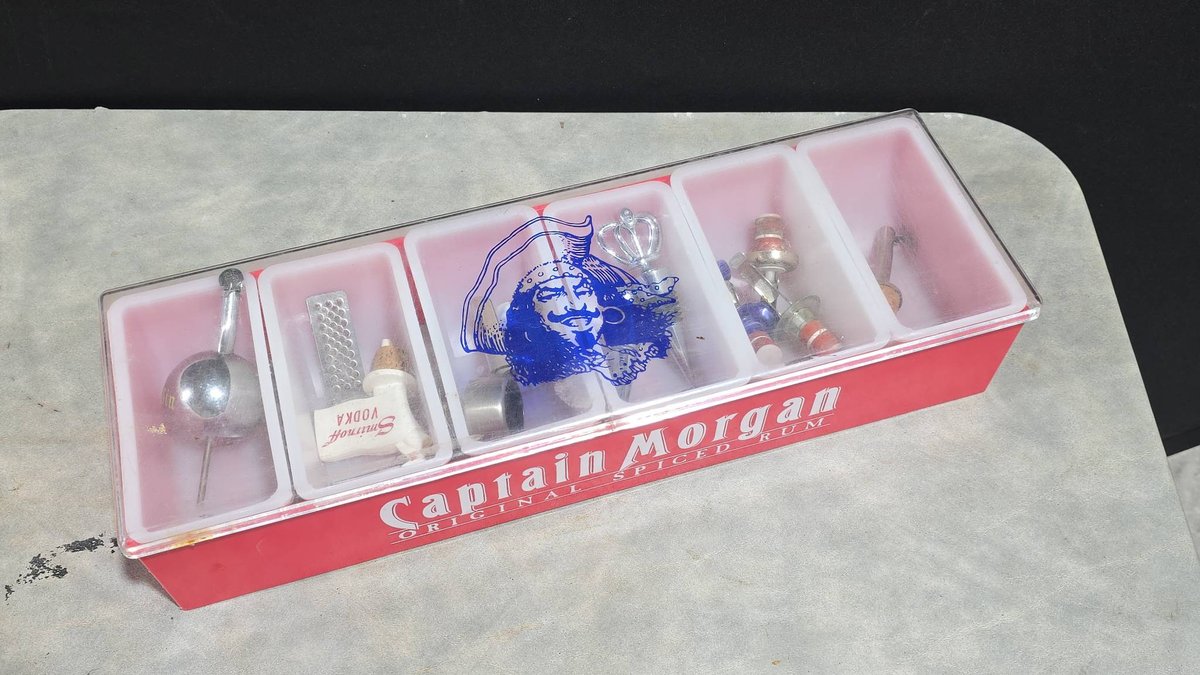 Captain Morgan Bar Organizer With Smirnoff Vodka and Gin Bottle Toppers, Bar Tools and Pourers