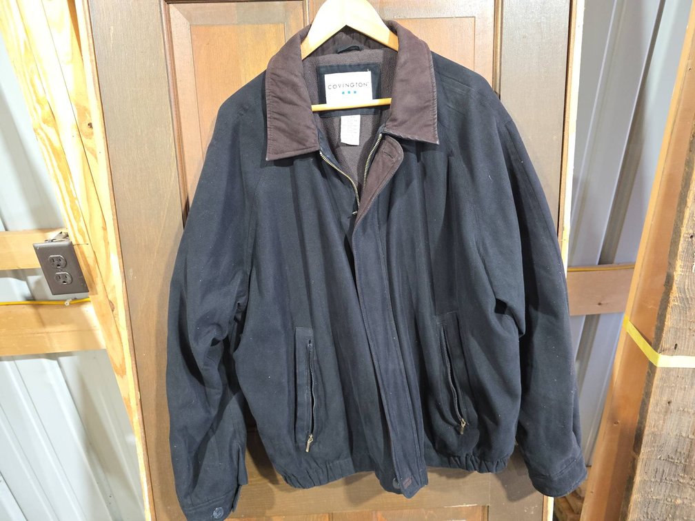 Covington Extra Large Micro Suede Jacket with Brown Collar and Zippered Pockets