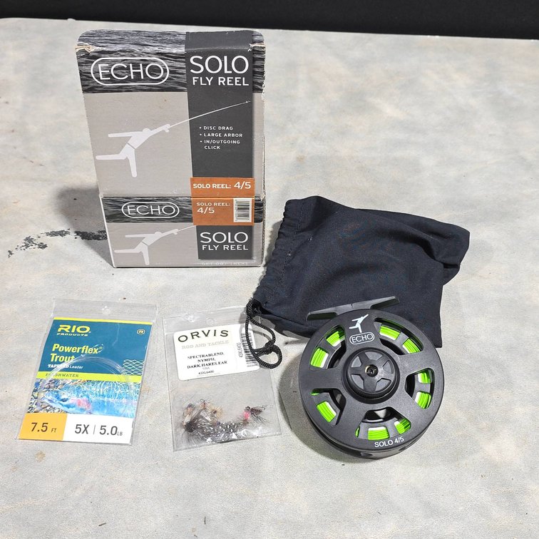 Echo Solo 4/5 Fly Reel With Box, Orvis Dark Hare's Ear Nymph Flies, Rio Powerflex Leader, Appears Unused