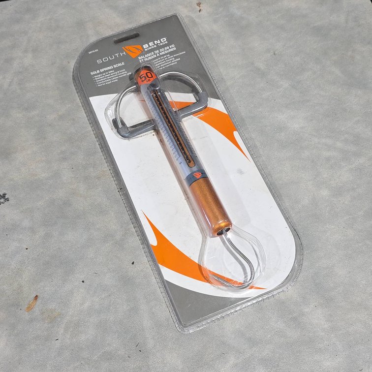 South Bend 50lb Spring Scale, Stainless Steel Spring, Anodized Aluminum Body, Unused, Rubber Handle