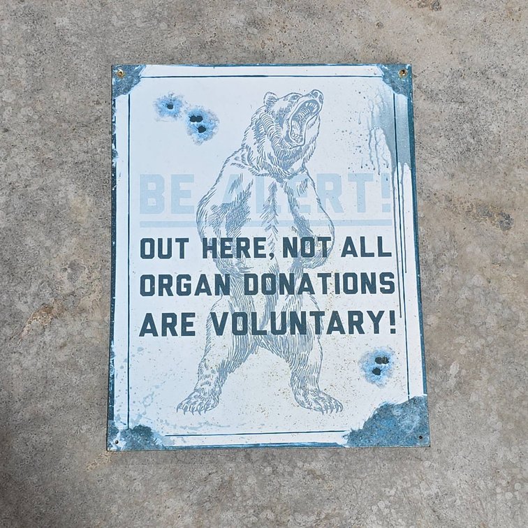 Metal Warning Sign with Bear Graphic and Bullet Holes, Reads 'Be Alert! Out Here, Not All Organ Donations Are Voluntary!'