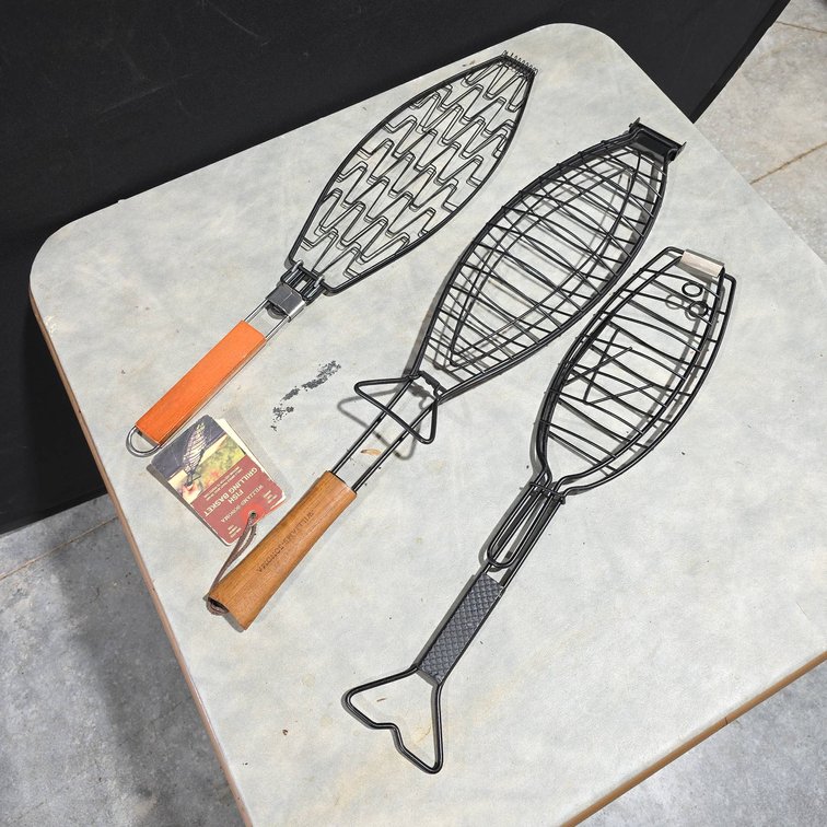 3 Fish Shaped Grilling Baskets Including Williams Sonoma with Wood Handles
