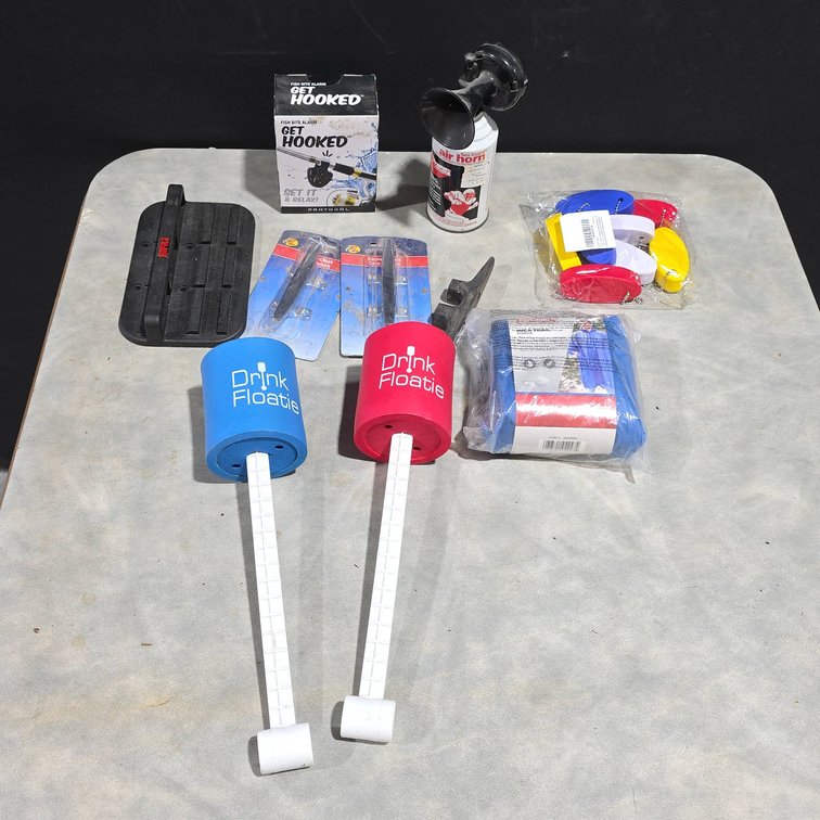 Boating and Outdoor Accessories Including Drink Floaties, Coleman Poncho, Air Horn