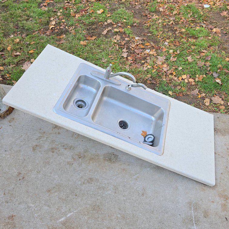 Stainless Double Basin Kitchen Sink With Countertop, Faucet, Sprayer, Stopper, Used, Untested Disposal