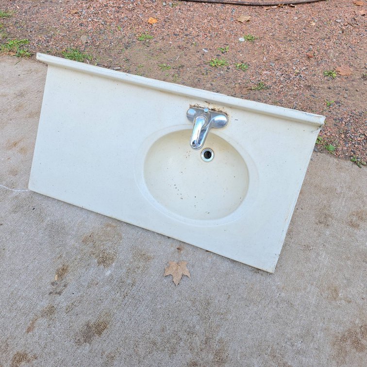 White Composite Sink Top With Faucet and Integrated 4-Inch Backsplash, 43 x 22 Inches, Used