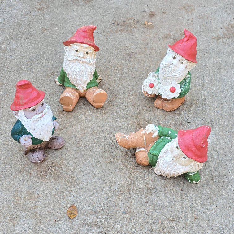 4 Outdoor Resin Gnome Statues with Red Hats and Green Outfits, Tallest Figure Measures 11 Inches