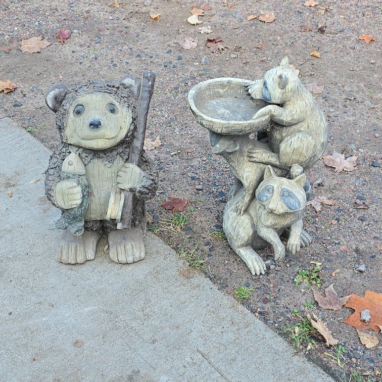 2 Weathered Outdoor Statues: Bear Holding Fish and Stick, Raccoons at Birdbath, Tallest 17 Inches