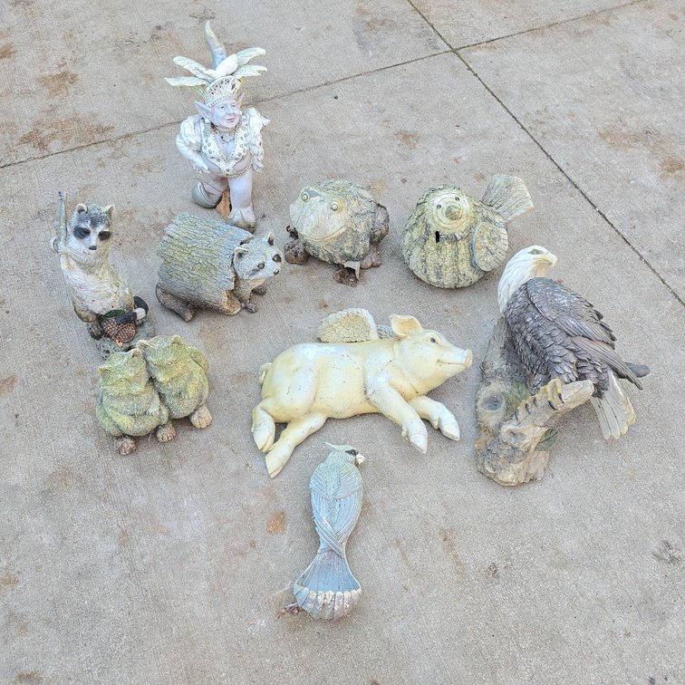 Nine Outdoor Resin Animal and Fantasy Statues, Some With Losses