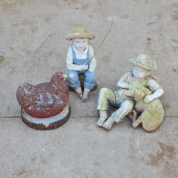 (3) Outdoor Statues: Hen, Boy Fishing, Boy Sleeping with Puppy, Tallest About 14 Inches