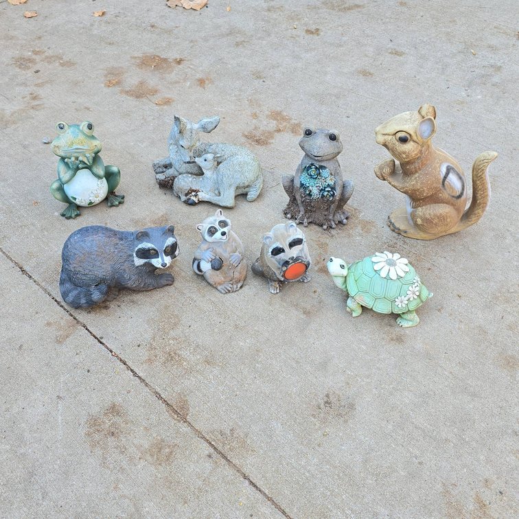 8 Animal Garden Statues Including Squirrel, Raccoons, Frogs, Deer, and Turtle
