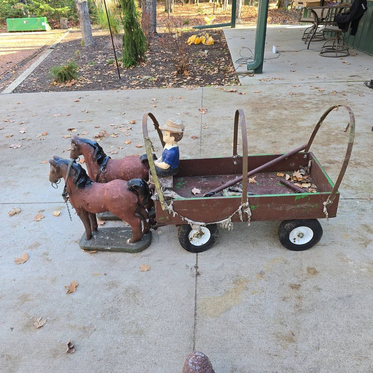 Cement Outdoor Decor: Two Horses with Wagon and Boy Figure, Weathered, Wagon 42 In Long, Missing Cover