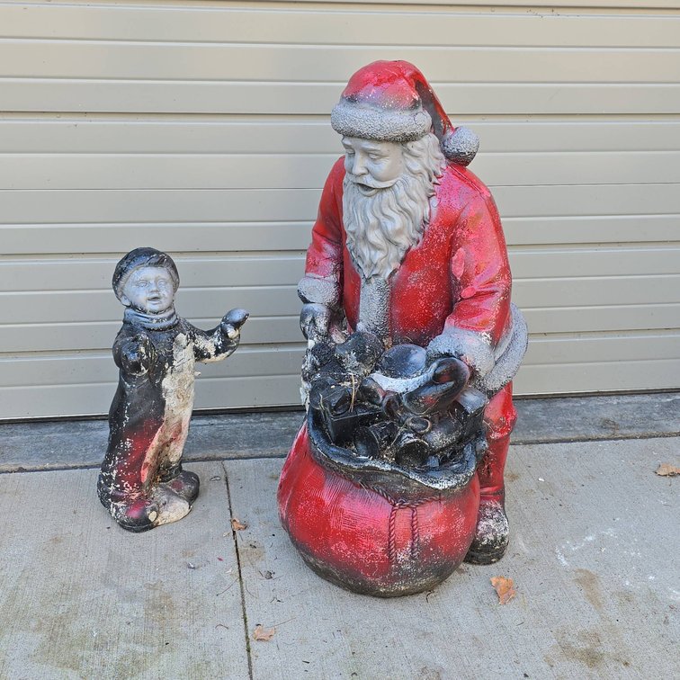 Santa Claus Outdoor Statue with Bag of Toys and Little Boy