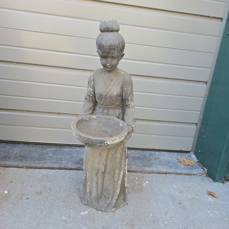 28" Statue Lady Carrying Basket Mini Bird Bath, Losses Present