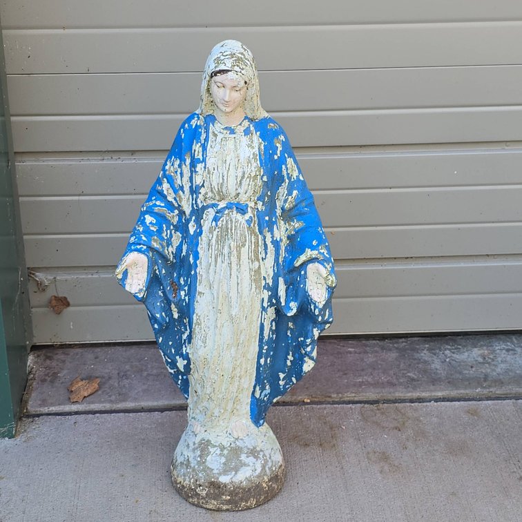 33" Weathered Cement Statue of Mary with Blue Robe and Notable Paint Loss