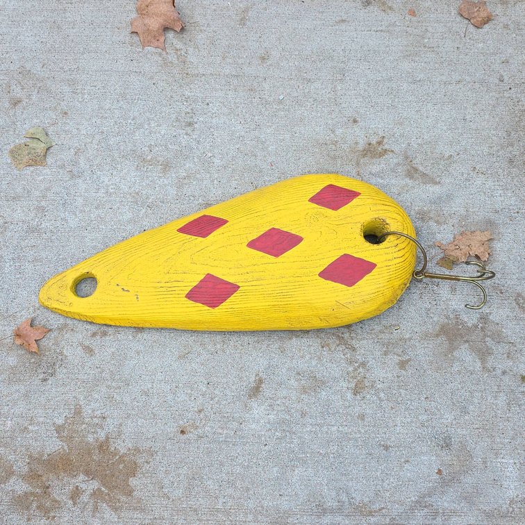 Large Painted Wood Fishing Lure Decor with Treble Hook, Yellow Body, Red Diamond Design, 23" Length