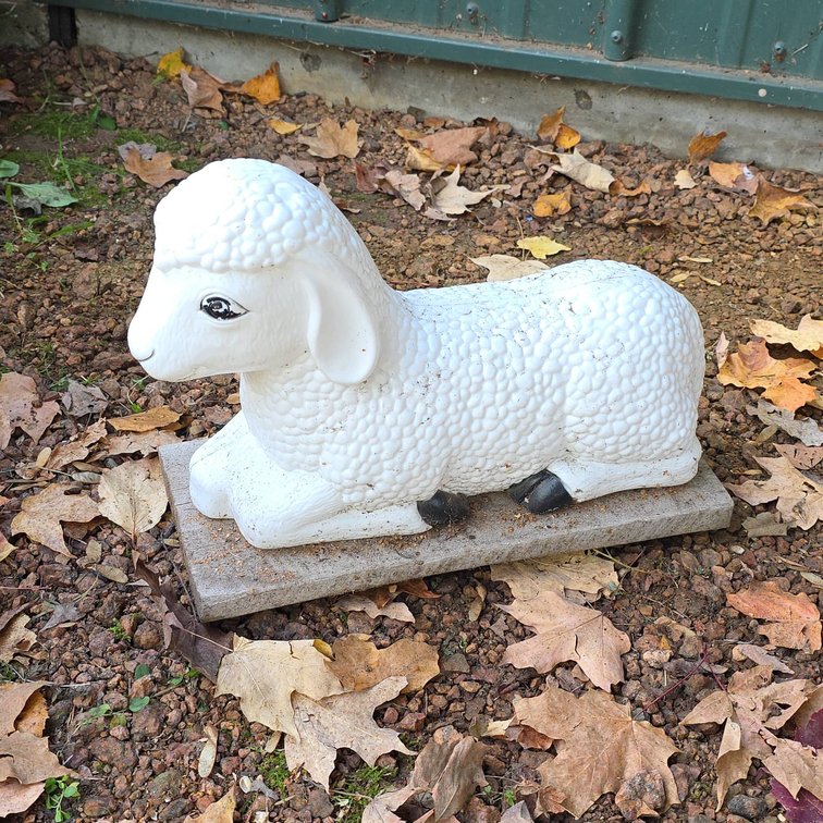 Empire Plastics Lamb Blow Mold Figure on Wood Base, White Textured Finish, 10" Tall