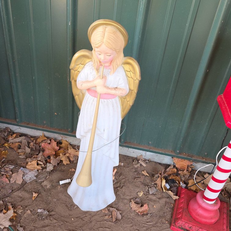 34" Tall Plastic Lighted Angel Blow Mold With Trumpet, Gold Wings, And Halo, Made In Canada
