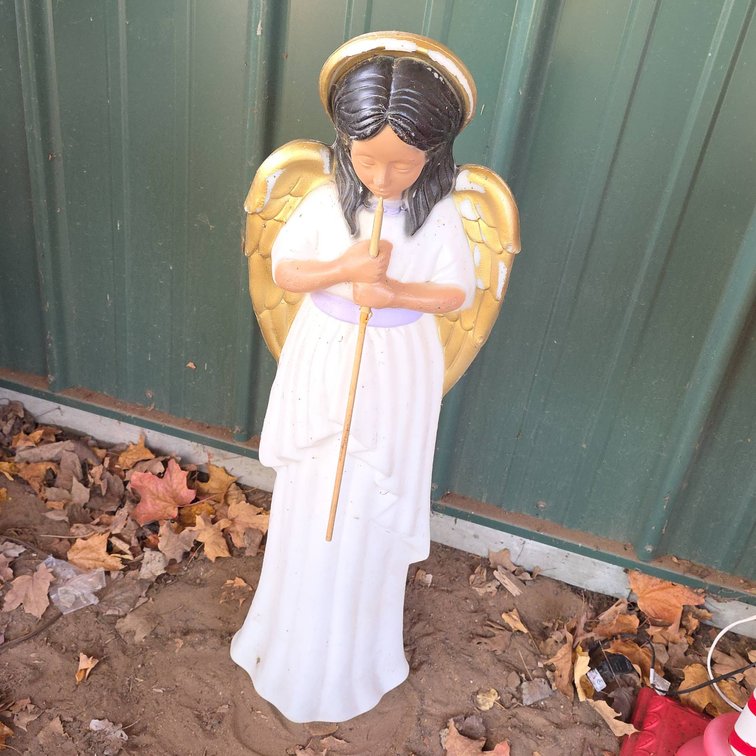 35" Tall Plastic Angel with Gold Wings and Halo Holding Flute Outdoor Christmas Yard Decoration