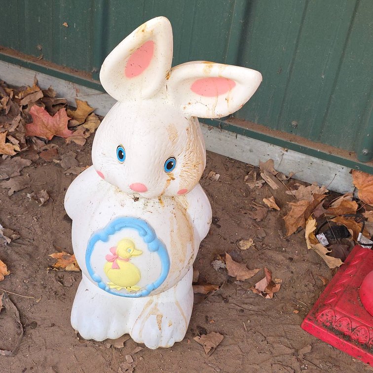 20" Tall Easter Bunny Blow Mold Decoration With Yellow Duck Detail And Pink Accents