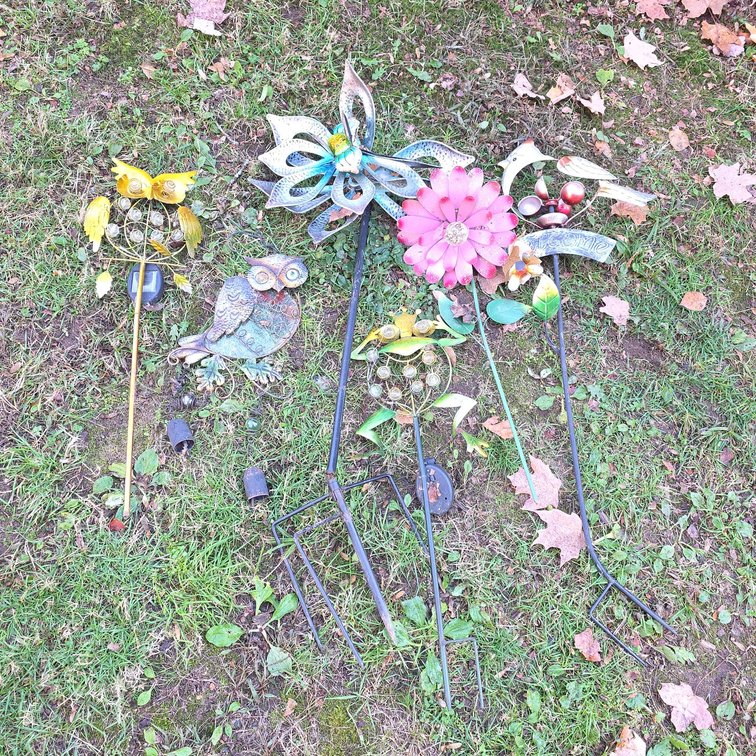 6 Mixed Metal Outdoor Garden Decorations Including Owls, Flower, Insect, Moon, Up to 39" Tall