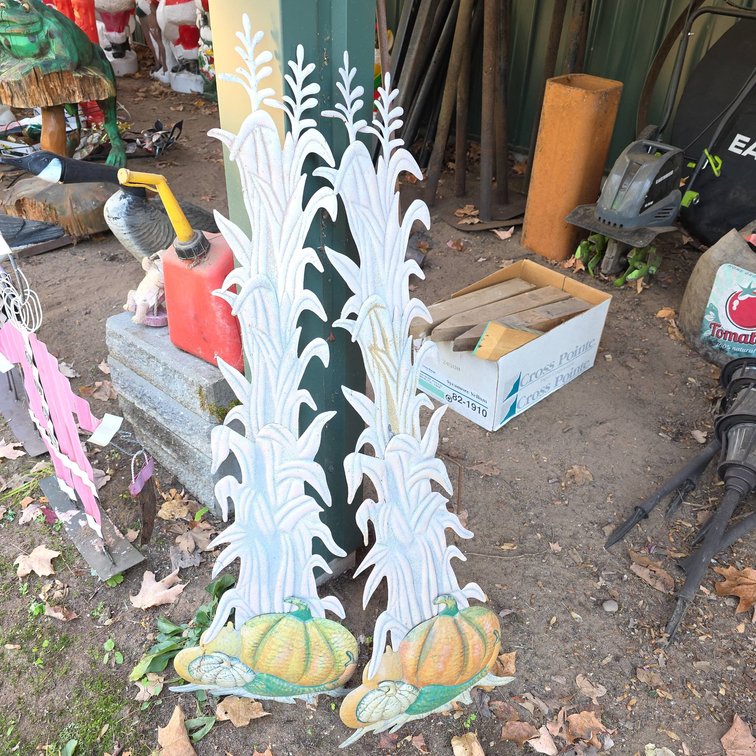Painted Metal Corn Stalk and Pumpkin Yard Art Decor, 38" Tall, Autumn or Fall Theme