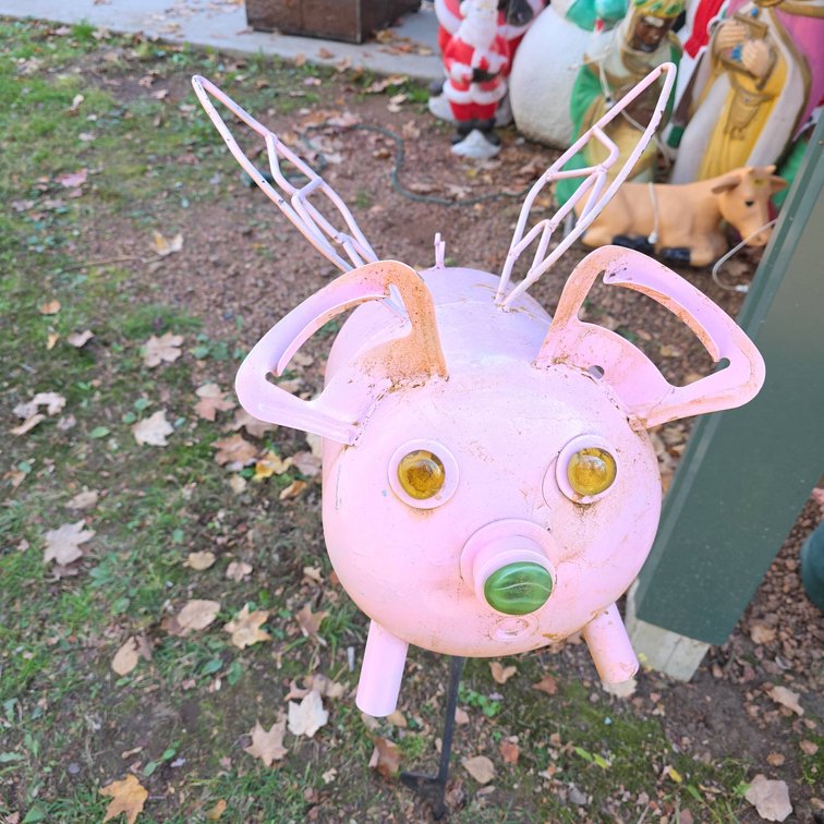 Pink Metal Flying Pig Garden Sculpture With Glass Eyes and Ears, Wire Wings, 13"x12"x38"
