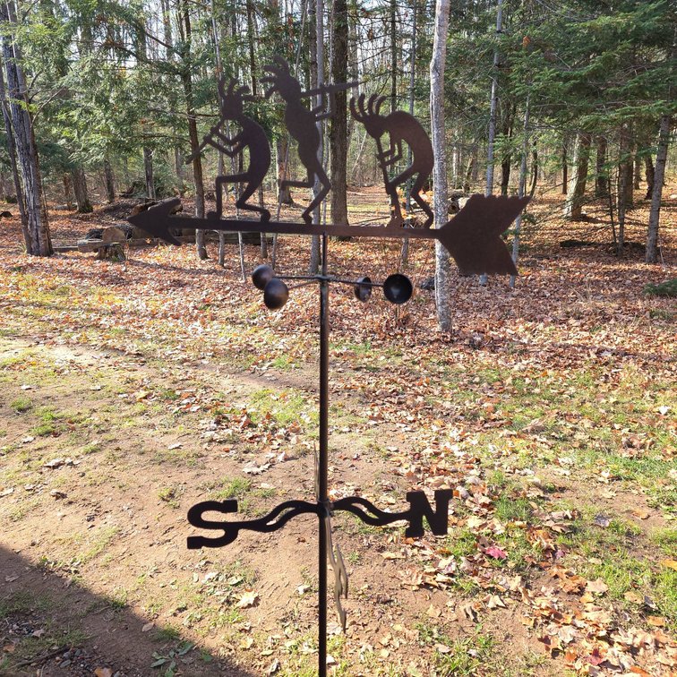 5' Tall Metal Weather Vane Featuring Kokopelli Figures and Arrow North-South Directional Markers