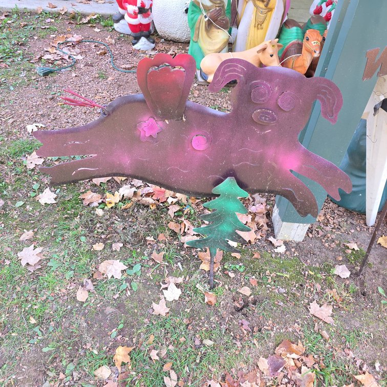 Folk Art Painted Metal Garden Ornament Featuring Leaping Dog with Wings and Tree Motif, Outdoor Display