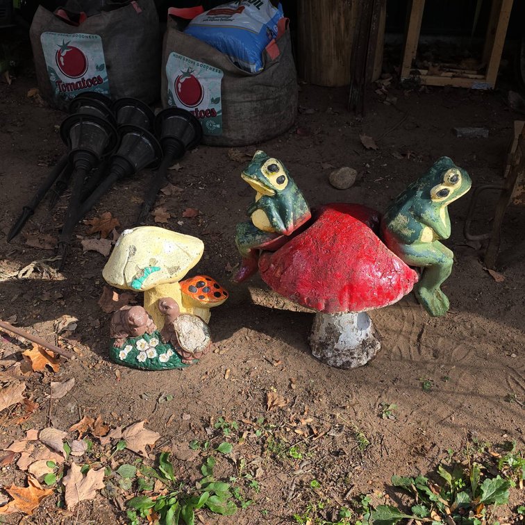 Cement Mushroom Statues With Frogs and Turtles, Largest Measures 17" x 17"