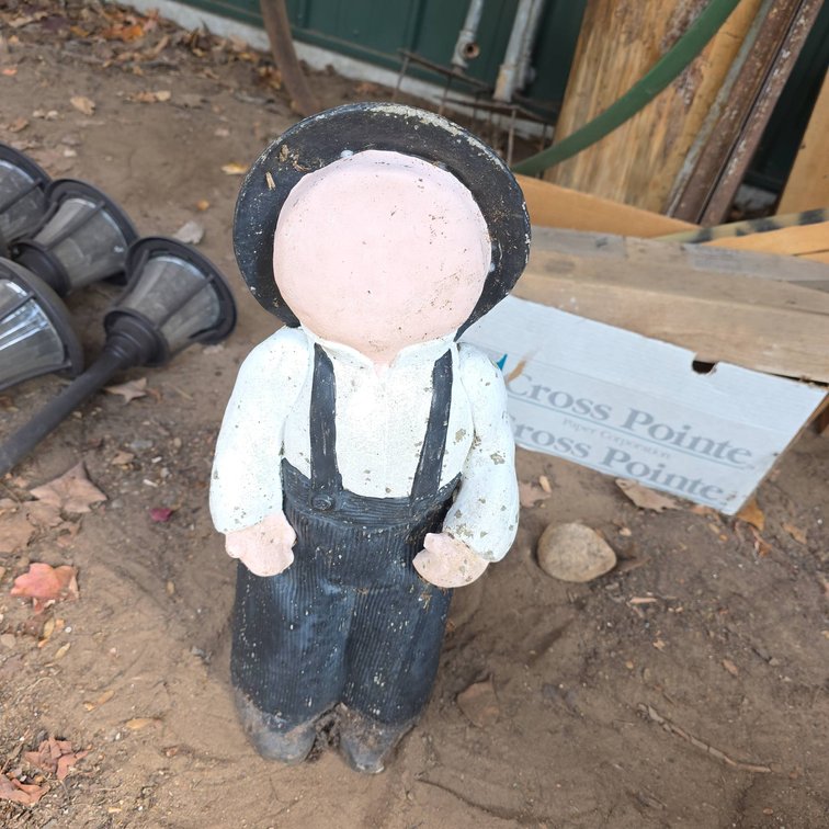 21" Cement Lawn Ornament Boy Figure With Hat And Overalls, Faceless Design, No Shipping Available