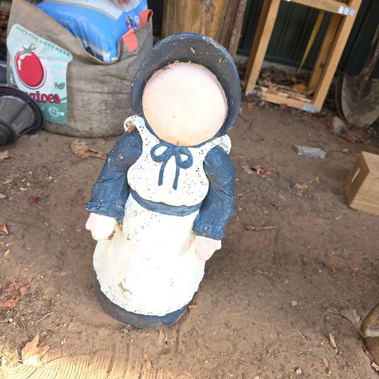 Concrete Faceless Girl Statue in Bonnet and Apron, 20 Inch Tall Garden Ornament