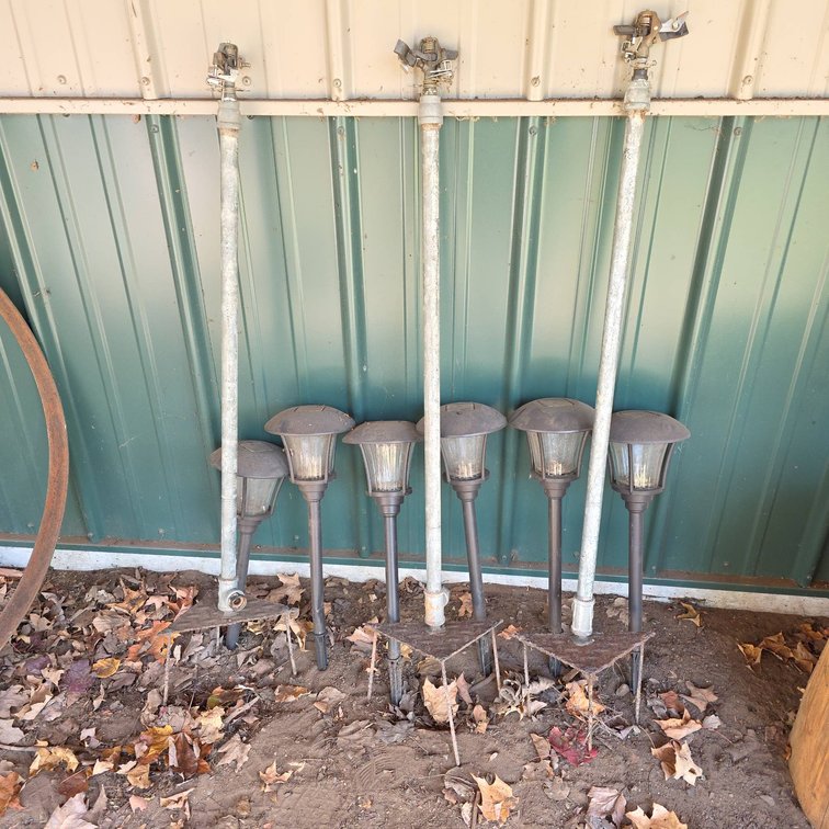 (3) Metal Sprinklers on Stands and (6) Untested Outdoor Solar Path Lights, Tallest Piece 46 Inches
