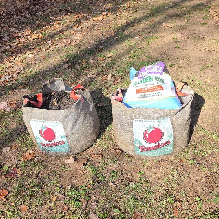 (2) Tomato Growing Bags With Soil, Each 16" Tall, Plus Partial Bag of Potting Soil Included