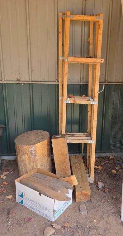 Lumber Lot: Two Wood Blocks, Pine Chunk, Cut Stakes, Shelf Brackets, Tallest Piece 6 Ft