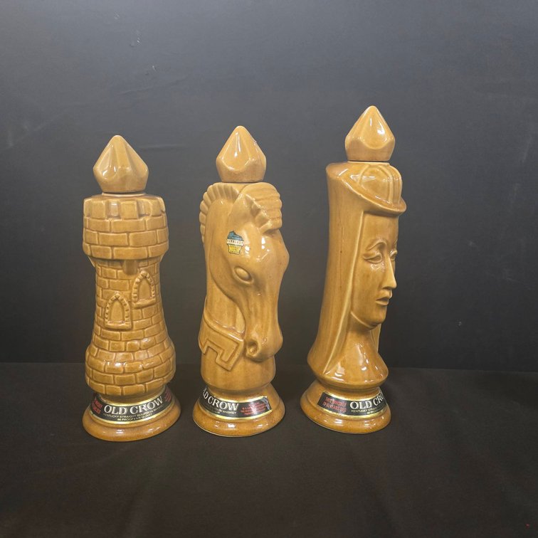 (3) Old Crow Kentucky Whiskey Chess Decanters, Rook Queen Knight, 14.5"