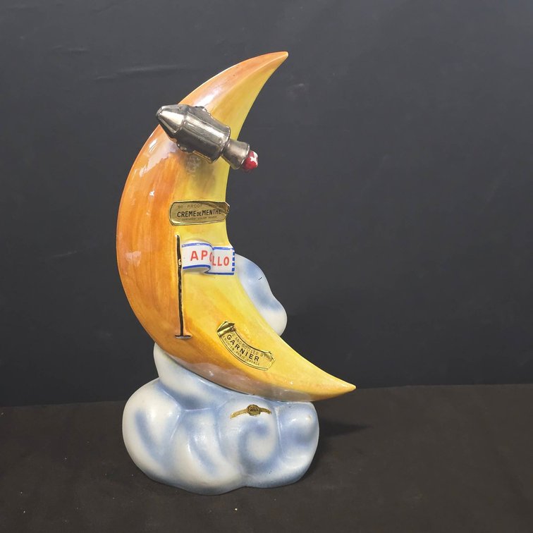 Garnier Liqueur Bottle Apollo Moon and Rocket Motif France 15" Ceramic Decanter With Labels and Stopper