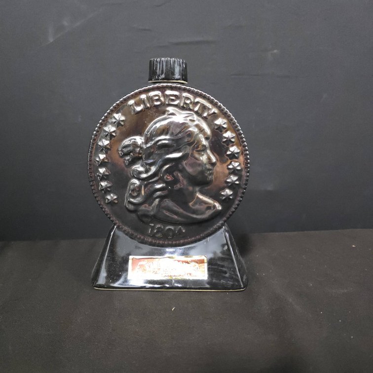 Ezra Brooks Liberty Coin Decanter, 10" Tall, Black Glazed Ceramic, 1804 Dollar Replica