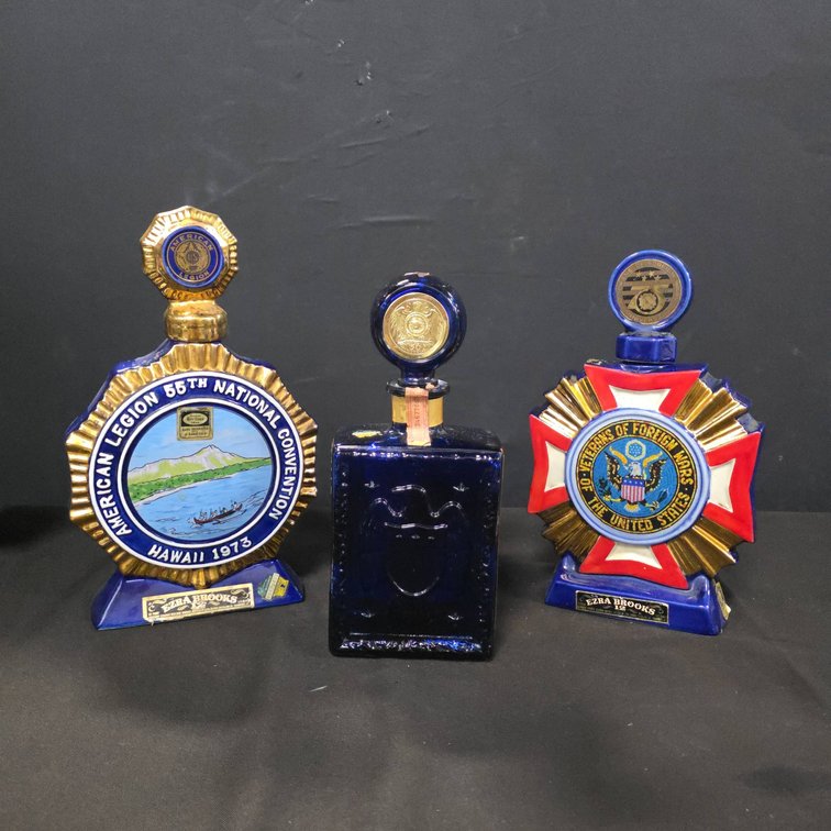 Ezra Brooks American Legion and VFW 1970s Commemorative Blue Decanter Bottles, Set of 3