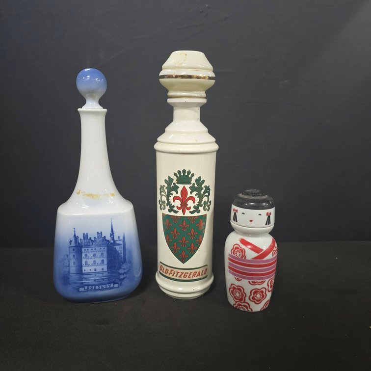 3 Bottles: Royal Copenhagen Decanter, Ella Fitzgerald Ceramic, Kikkoman Plum Wine