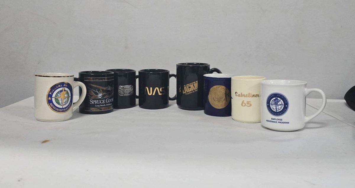 8 Aviation and Space-Themed Ceramic Mugs Including NASA, FAA, Spruce Goose