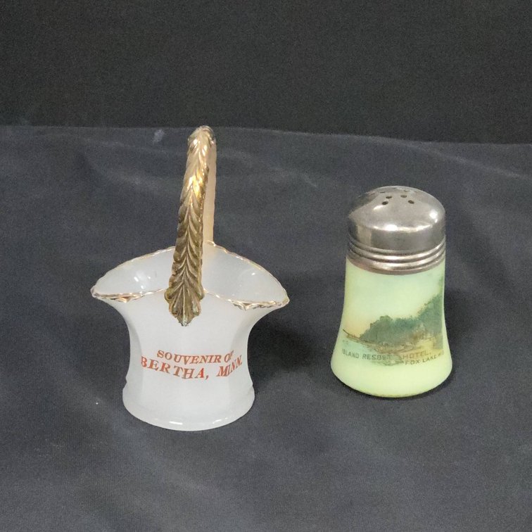 Opalescent Glass Basket and Fox Lake Island Resort Hotel Souvenir Shaker