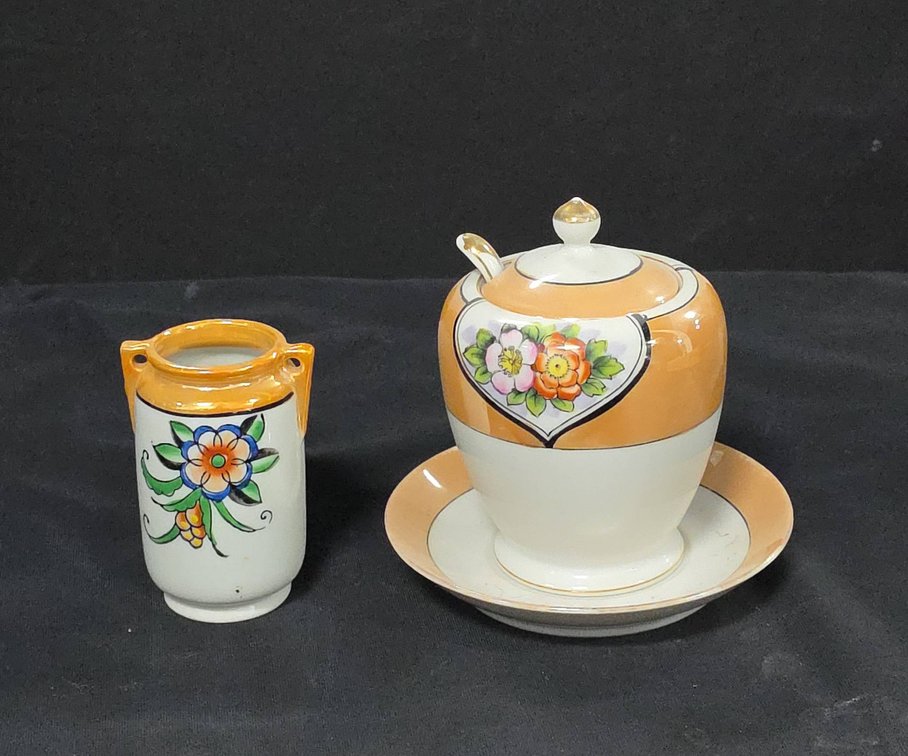 Noritake Hand Painted Porcelain Sugar Bowl Set and Japanese Vase